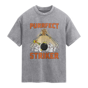 Funny Cat Bowling Gift Washed Cotton T-Shirt Purrfect Striker