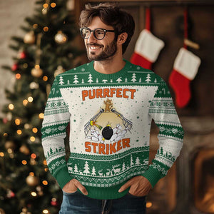 Funny Cat Bowling Gift Ugly Christmas Sweater Purrfect Striker TS12 Beige Green Print Your Wear