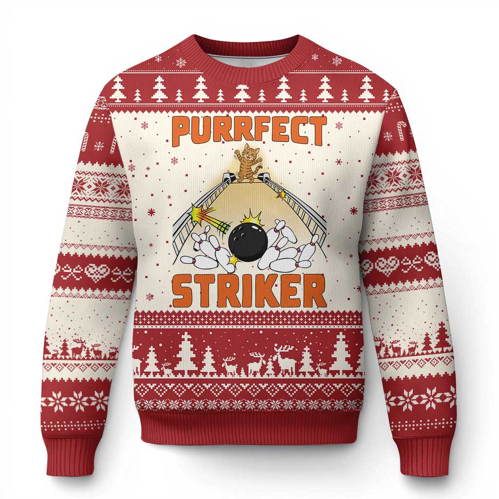 Funny Cat Bowling Gift Ugly Christmas Sweater Purrfect Striker TS12 Beige Red Print Your Wear