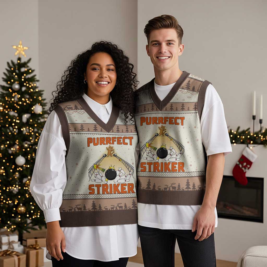 Funny Cat Bowling Gift V-Neck Knit Sweater Vest Purrfect Striker TS12 Mocha Mousse Print Your Wear