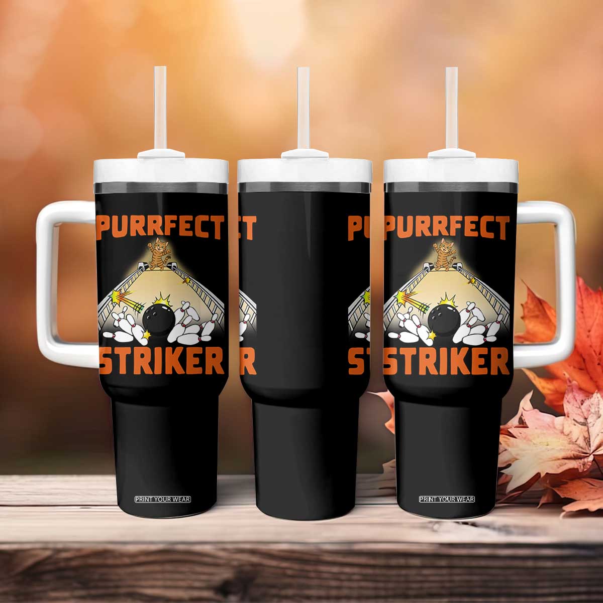 Funny Cat Bowling Gift Tumbler With Handle Purrfect Striker TS12 Print Your Wear