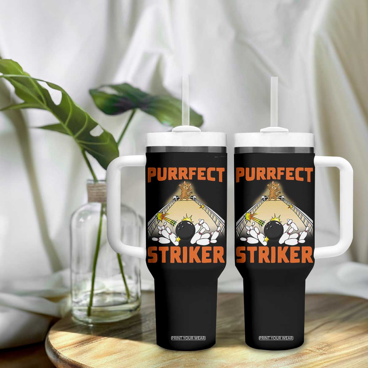 Funny Cat Bowling Gift Tumbler With Handle Purrfect Striker TS12 Print Your Wear