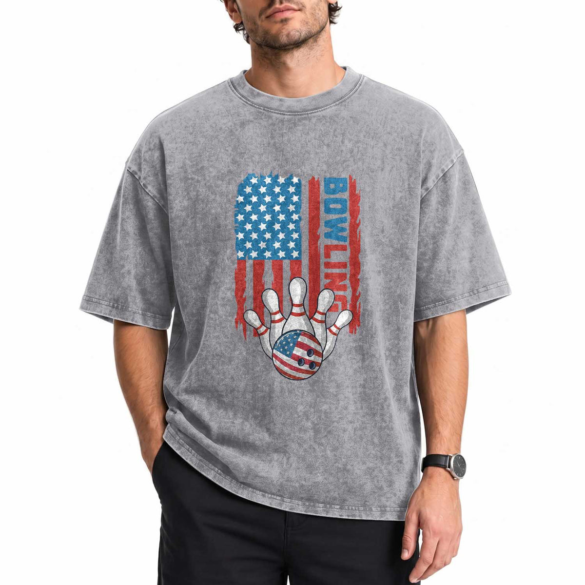 American Flag Patriotic Bowling Washed Cotton T-Shirt Bowler Gift