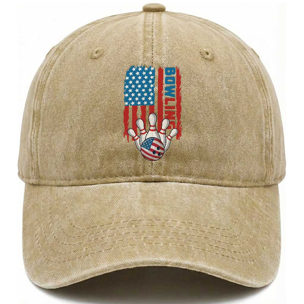 American Flag Patriotic Bowling Washed Cotton Baseball Cap Bowler Gift TS12 Washed Cap Universal Fit Khaki Print Your Wear
