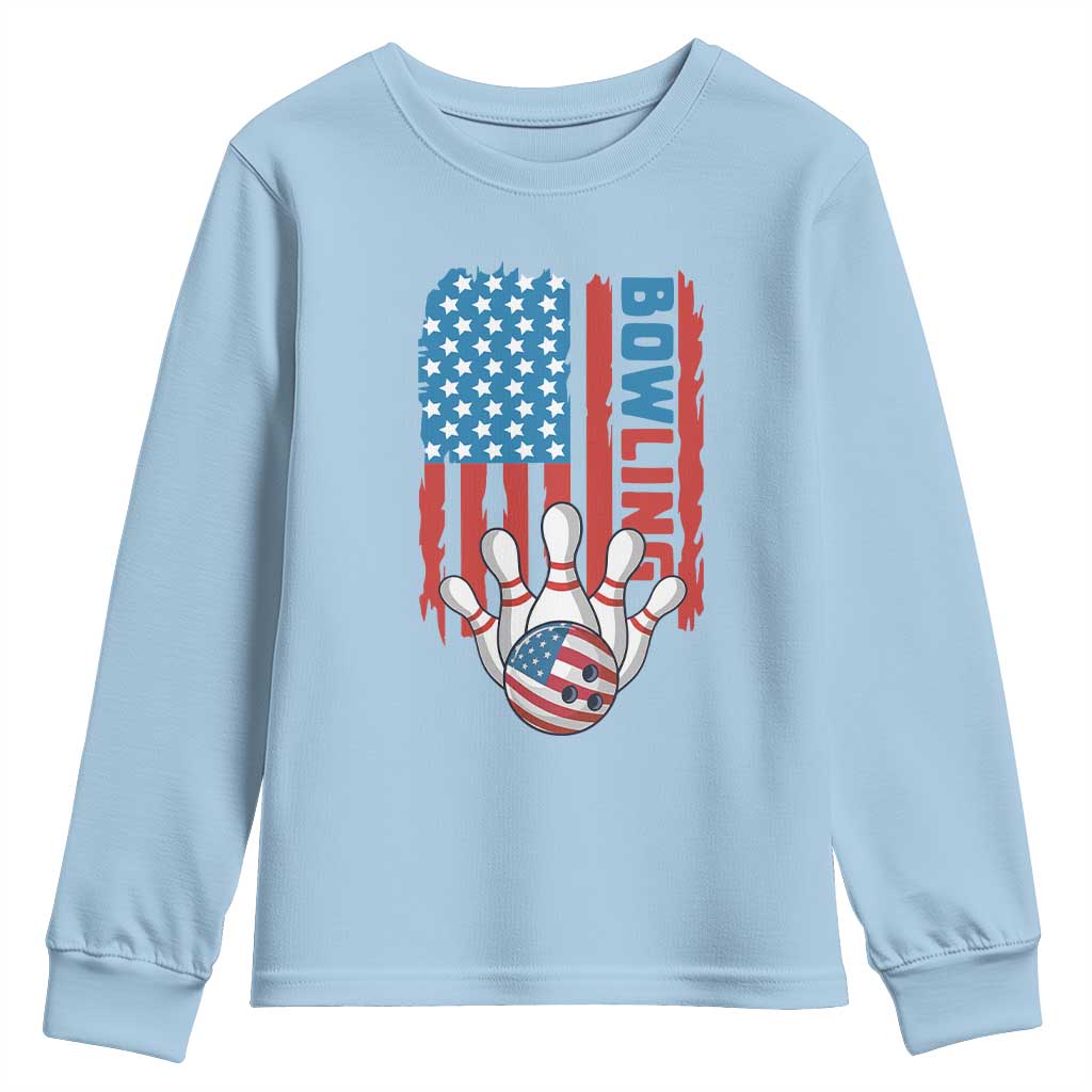 American Flag Patriotic Bowling Youth Sweatshirt Bowler Gift TS12 Light Blue Print Your Wear