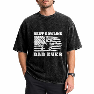 Best Bowling Dad Ever Washed Cotton T-Shirt American Flag Patriotic Bowler Gift