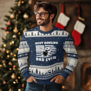 Best Bowling Dad Ever Ugly Christmas Sweater American Flag Patriotic Bowler Gift TS12 Navy Beige Print Your Wear