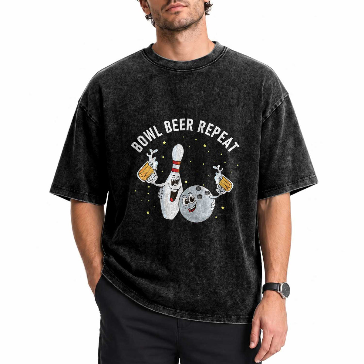 Funny Bowling Beer Lover Gift Washed Cotton T-Shirt Bowl Beer Repeat