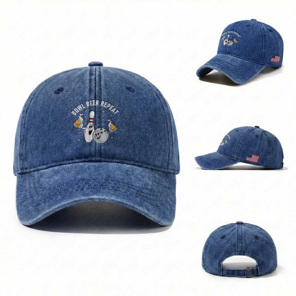 Funny Bowling Beer Lover Gift Washed Cotton Baseball Cap Bowl Beer Repeat TS12 Washed Cap Universal Fit Royal Blue Print Your Wear