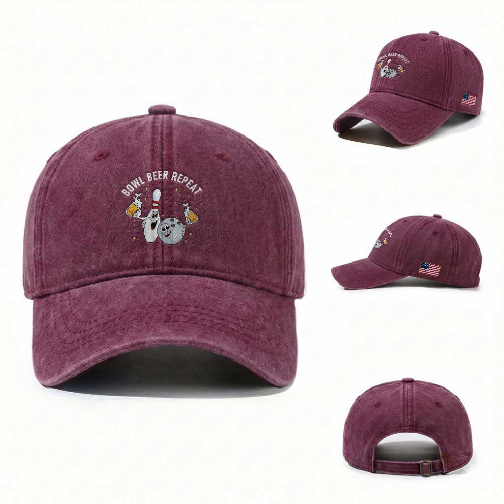 Funny Bowling Beer Lover Gift Washed Cotton Baseball Cap Bowl Beer Repeat TS12 Washed Cap Universal Fit Burgundy Print Your Wear
