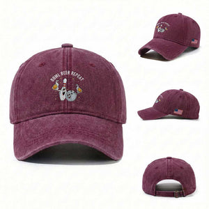 Funny Bowling Beer Lover Gift Washed Cotton Baseball Cap Bowl Beer Repeat TS12 Washed Cap Universal Fit Burgundy Print Your Wear