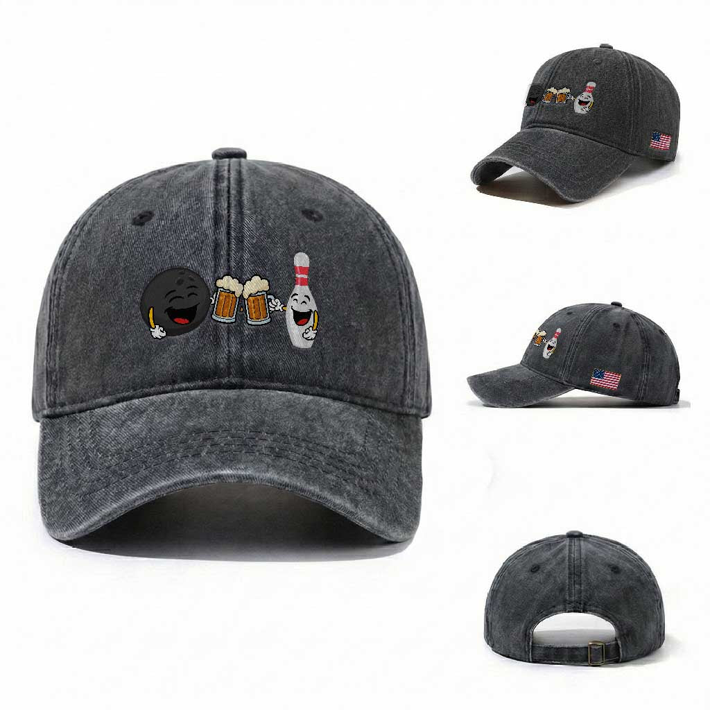 Funny Bowling And Beer Lover Gift Washed Cotton Baseball Cap TS12 Washed Cap Universal Fit Dark Gray Print Your Wear