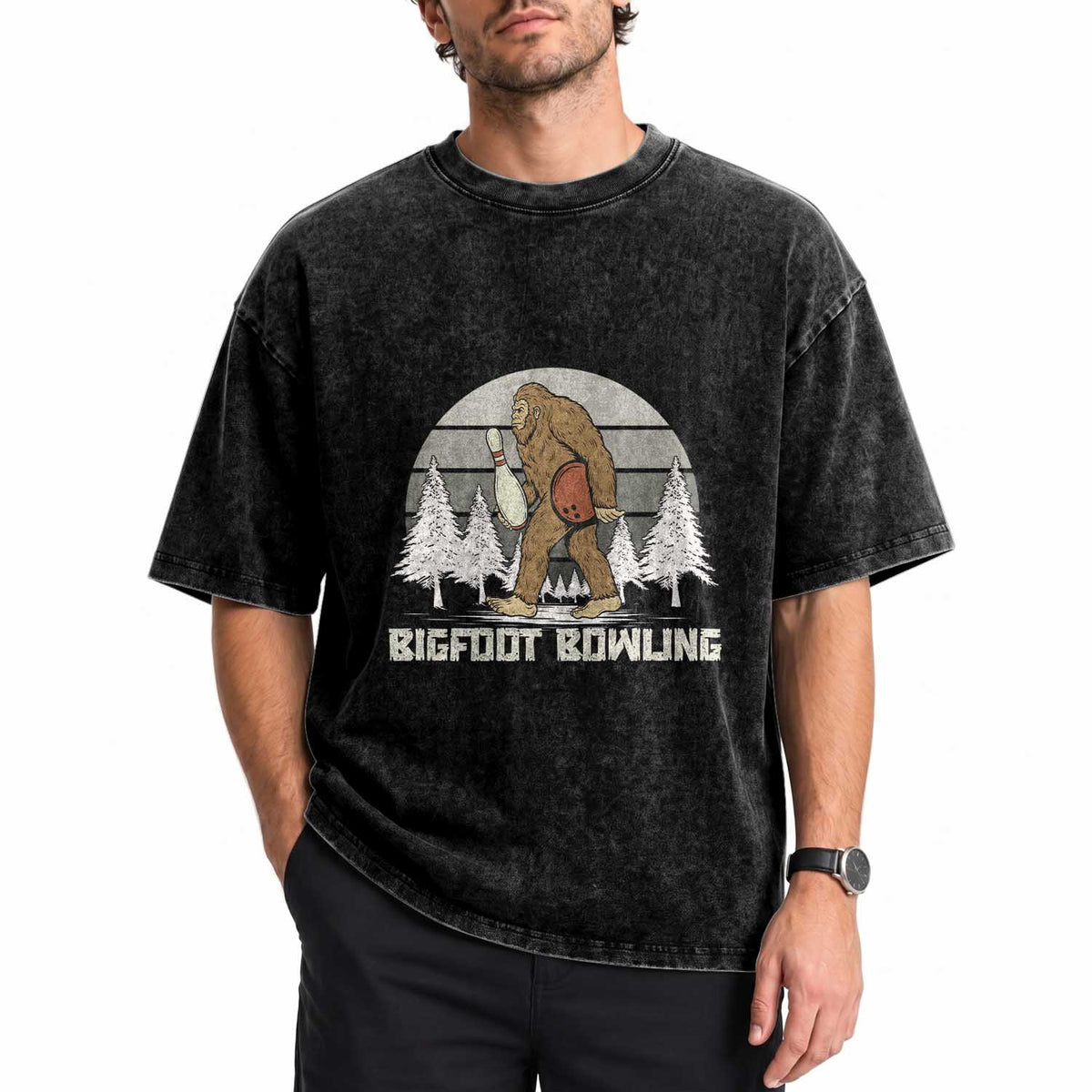 Funny Bigfoot Bowling Washed Cotton T-Shirt Gift For Bowler