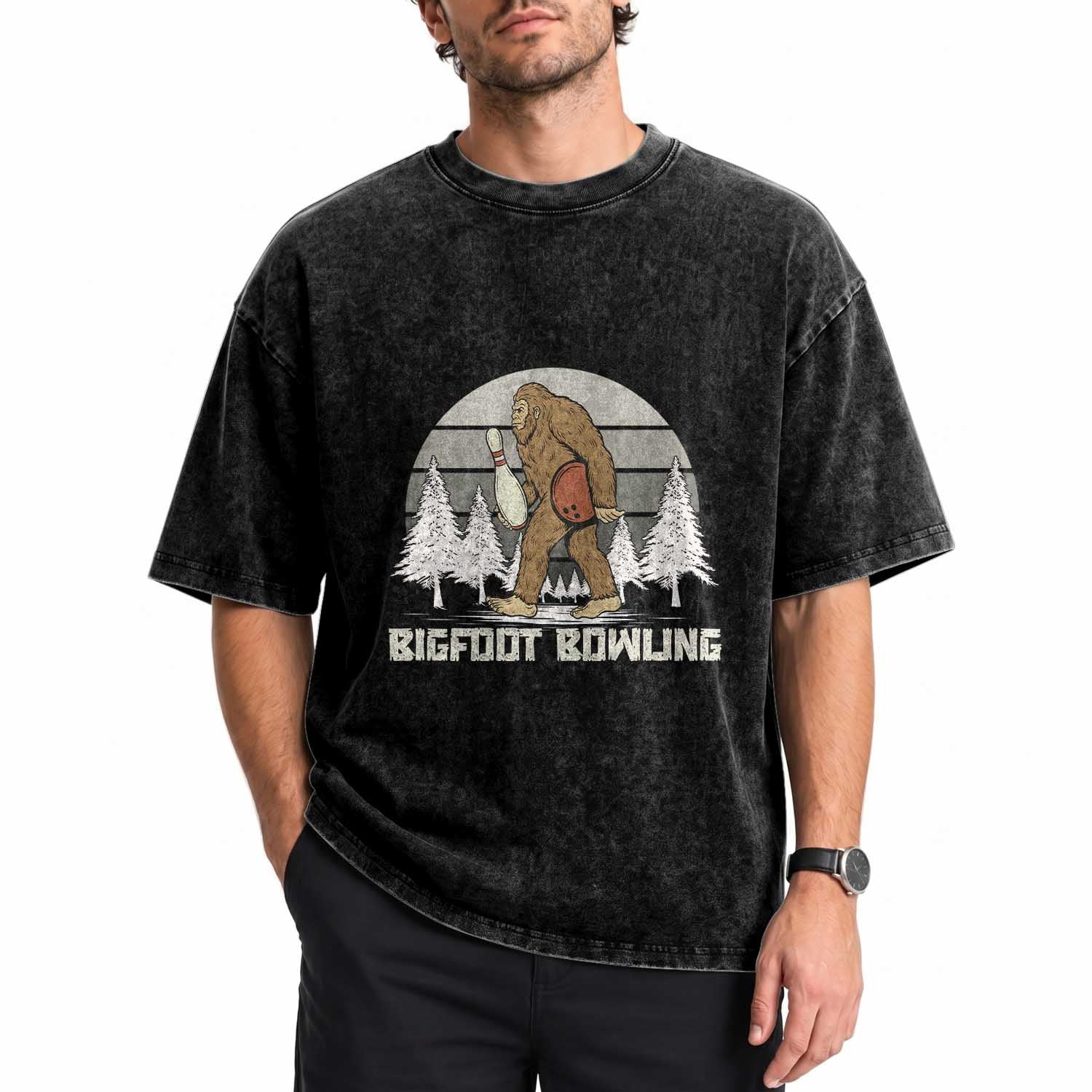 Funny Bigfoot Bowling Washed Cotton T-Shirt Gift For Bowler
