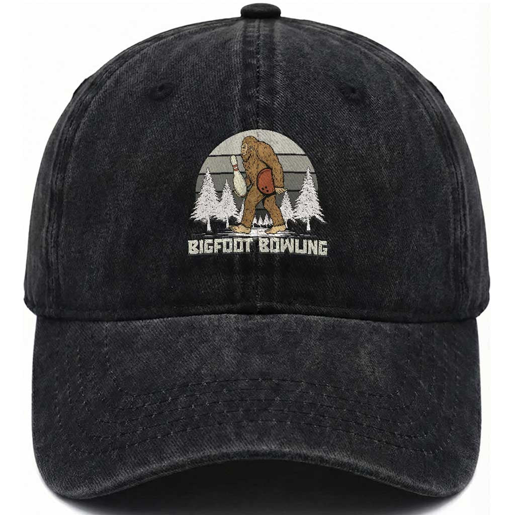Funny Bigfoot Bowling Washed Cotton Baseball Cap Gift For Bowler TS12 Washed Cap Universal Fit Black Print Your Wear