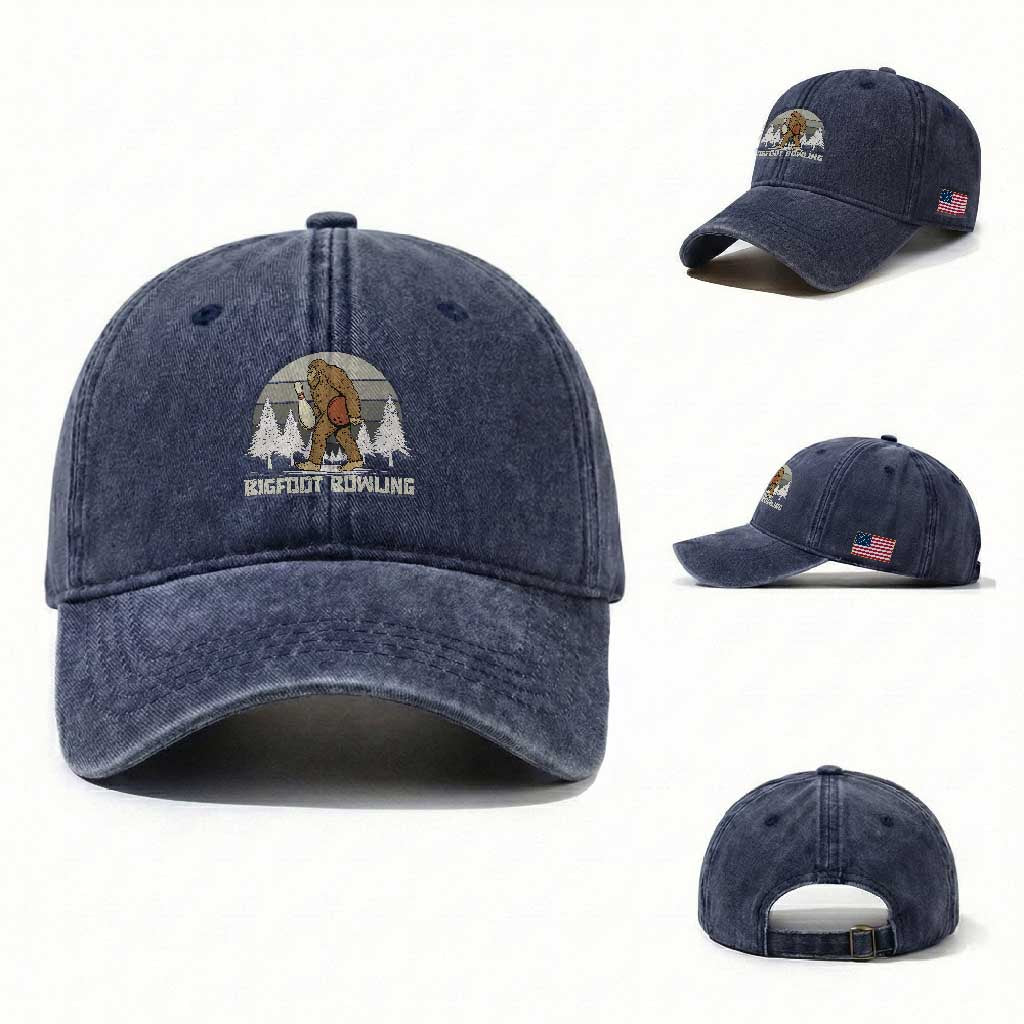 Funny Bigfoot Bowling Washed Cotton Baseball Cap Gift For Bowler TS12 Washed Cap Universal Fit Navy Print Your Wear