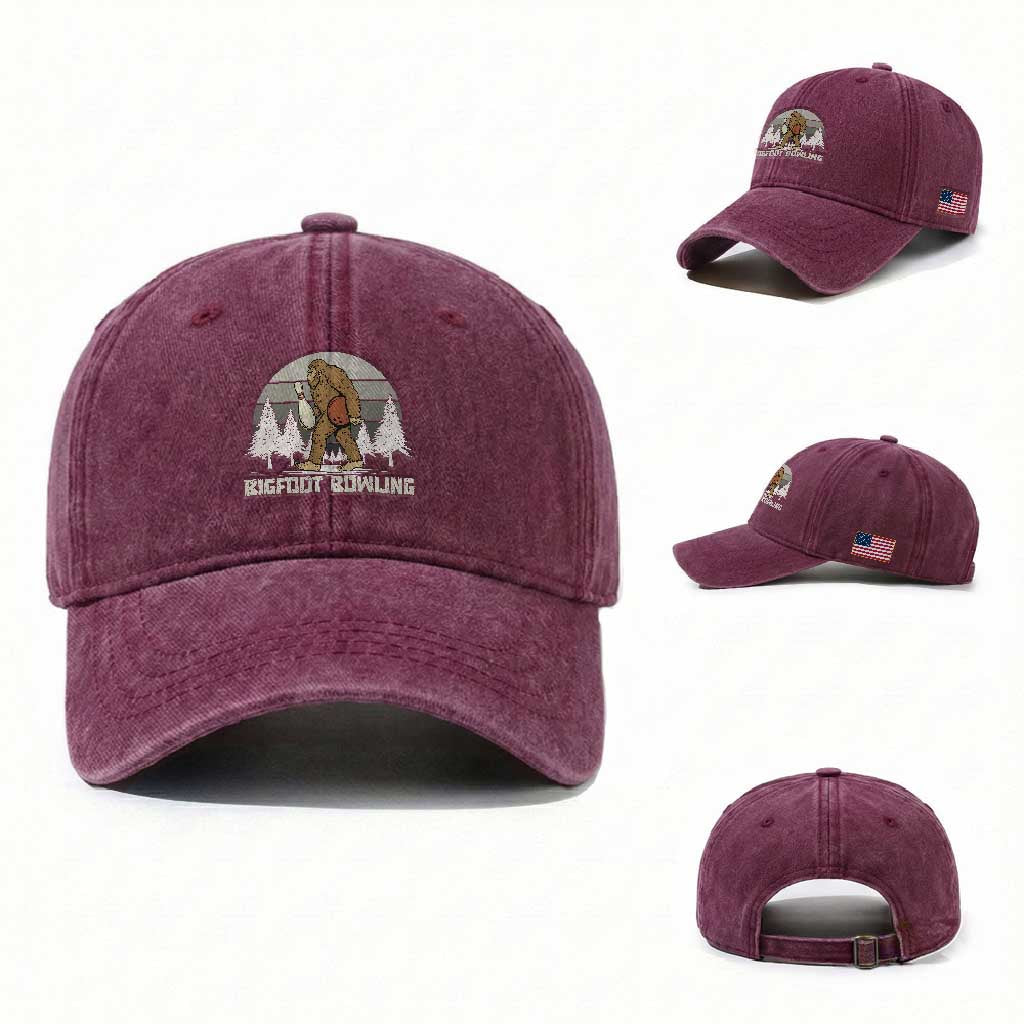 Funny Bigfoot Bowling Washed Cotton Baseball Cap Gift For Bowler TS12 Washed Cap Universal Fit Burgundy Print Your Wear