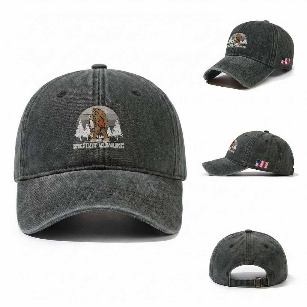 Funny Bigfoot Bowling Washed Cotton Baseball Cap Gift For Bowler TS12 Washed Cap Universal Fit Dark Green Print Your Wear