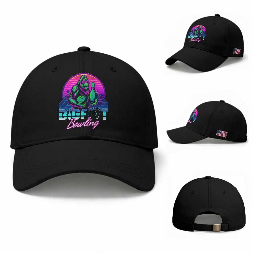Funny Bigfoot Bowling Vaporwave Gift Baseball Cap TS12 Baseball Cap Universal Fit Black Print Your Wear