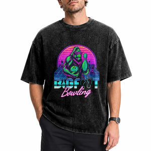 Funny Bigfoot Bowling Vaporwave Gift Washed Cotton T-Shirt