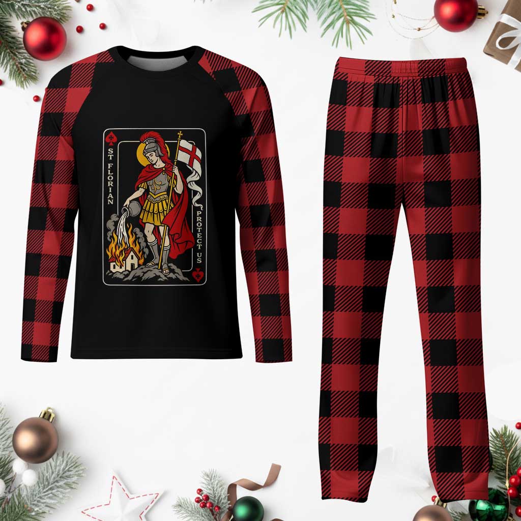 Vintage Saint Florian Firefighter Patron Plaid Pajama Set Protect Us Playing Card