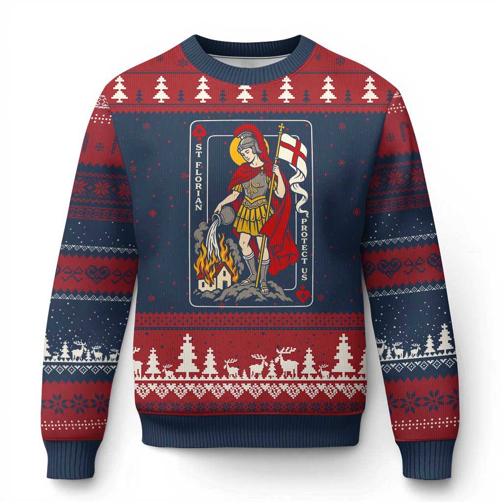 Vintage Saint Florian Firefighter Patron Ugly Christmas Sweater Protect Us Playing Card