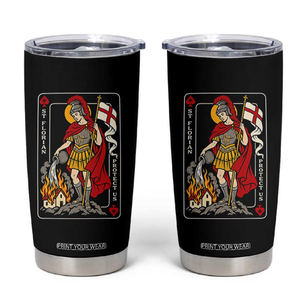 Vintage Saint Florian Firefighter Patron Tumbler Cup Protect Us Playing Card