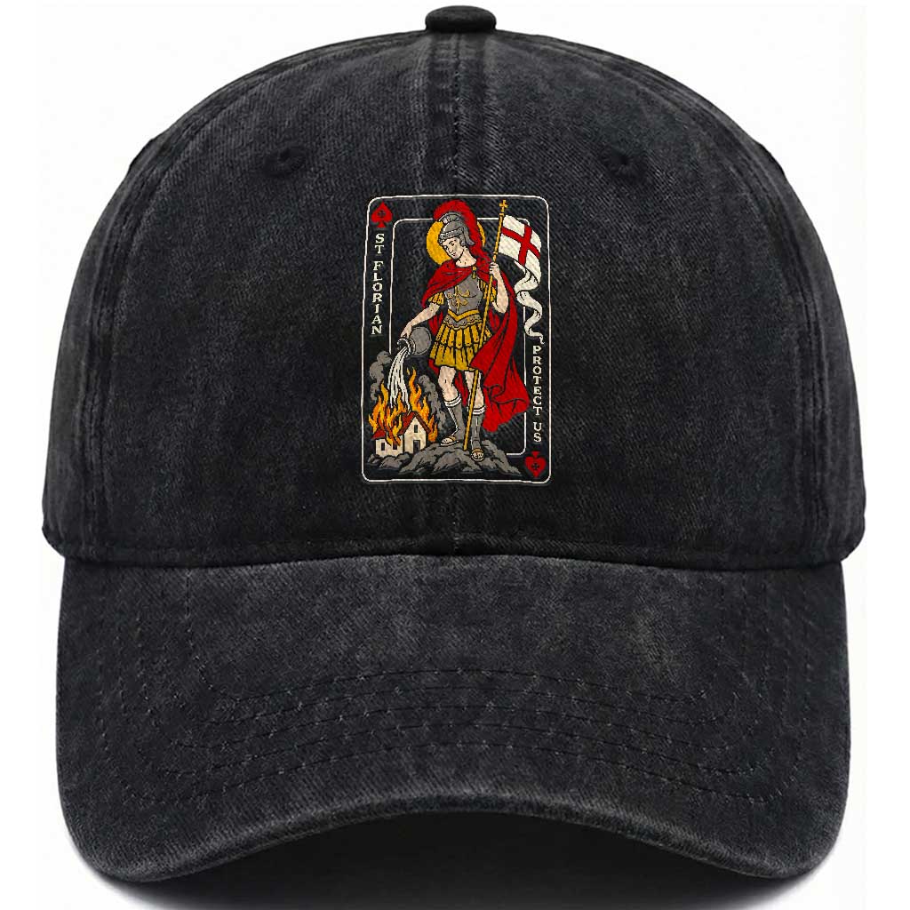Vintage Saint Florian Firefighter Patron Washed Cotton Baseball Cap Protect Us Playing Card