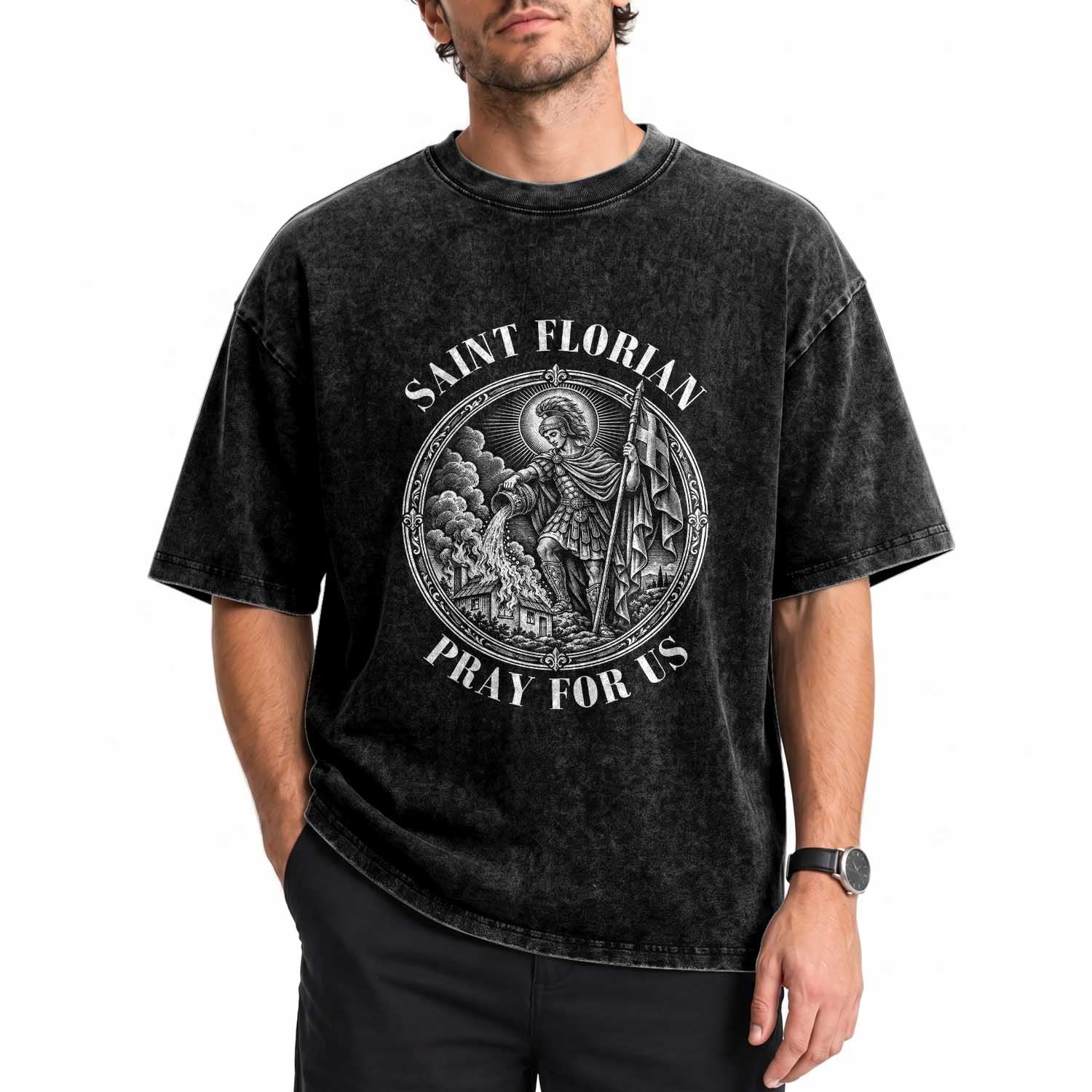 Vintage Saint Florian Firefighter Patron Washed Cotton T-Shirt Pray For Us Christian Faith