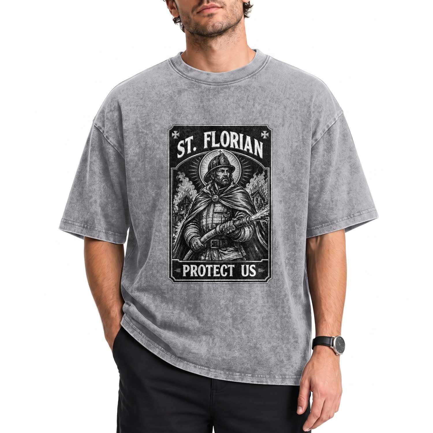 Vintage St Florian Firefighter Patron Washed Cotton T-Shirt Protect Us Catholic Faith Gift