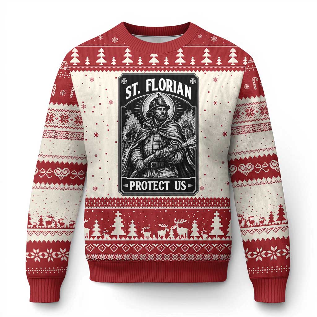 Vintage St Florian Firefighter Patron Ugly Christmas Sweater Protect Us Catholic Faith Gift