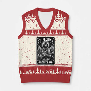 Vintage St Florian Firefighter Patron V-Neck Knit Sweater Vest Protect Us Catholic Faith Gift