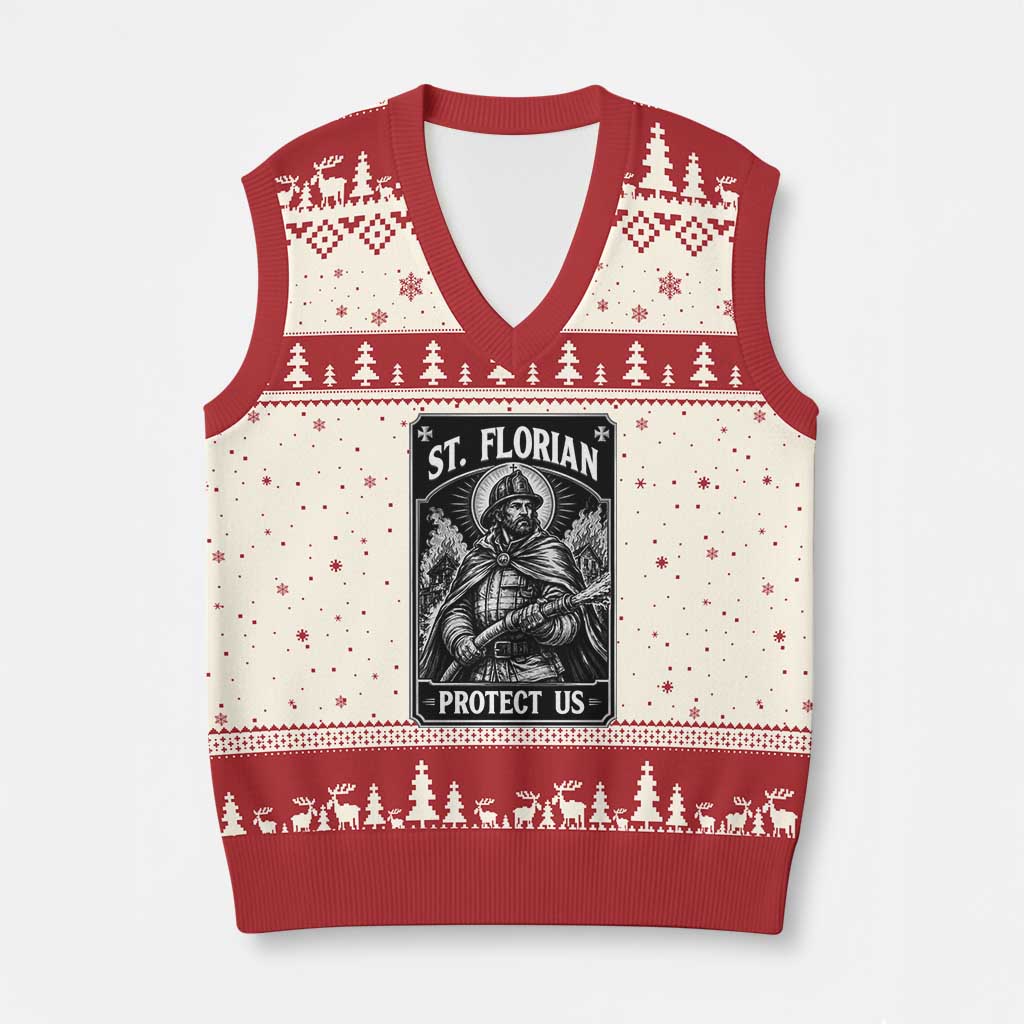 Vintage St Florian Firefighter Patron V-Neck Knit Sweater Vest Protect Us Catholic Faith Gift