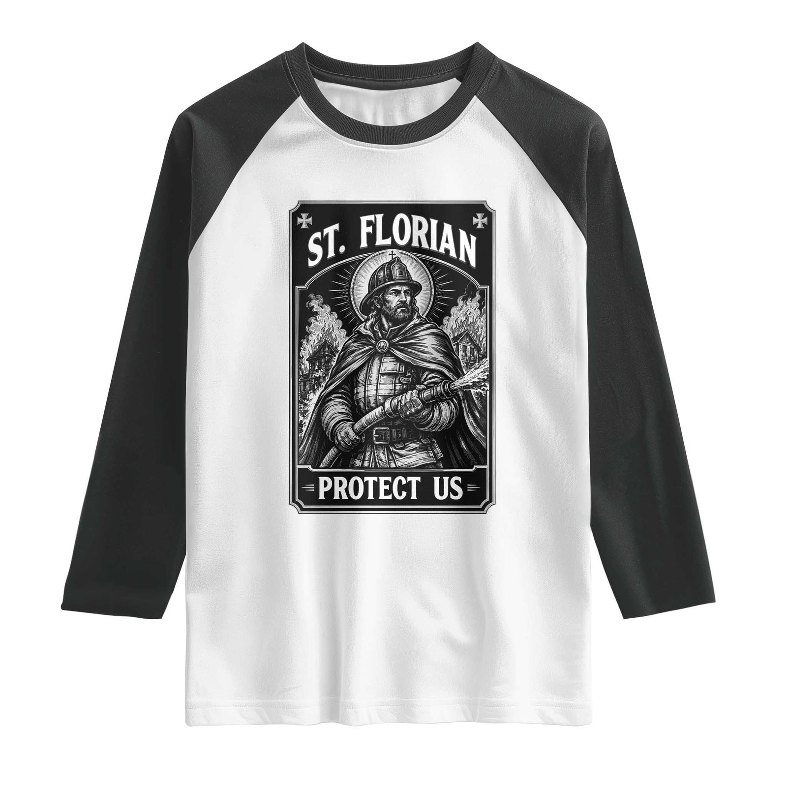 Vintage St Florian Firefighter Patron Raglan Shirt Protect Us Catholic Faith Gift