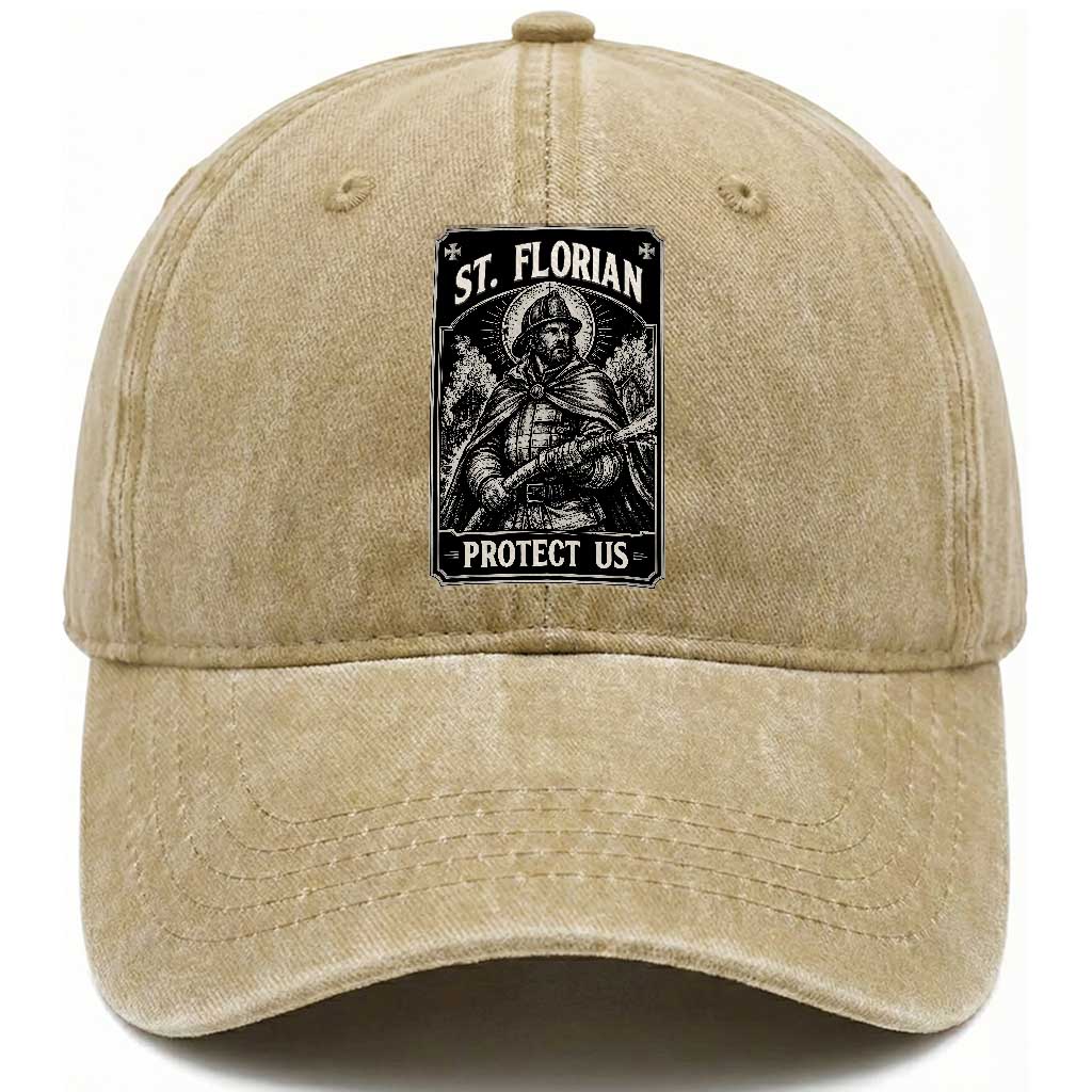 Vintage St Florian Firefighter Patron Washed Cotton Baseball Cap Protect Us Catholic Faith Gift