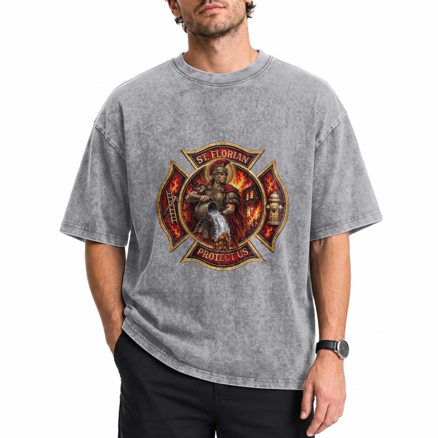 St Florian Protect Us Firefighter Washed Cotton T-Shirt Patron Saint Catholic Faith Gift