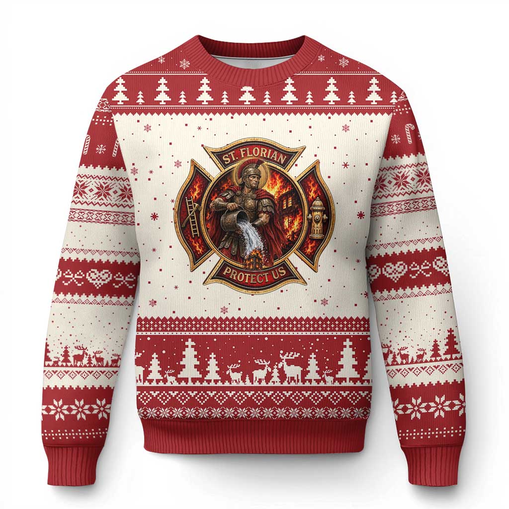 St Florian Protect Us Firefighter Ugly Christmas Sweater Patron Saint Catholic Faith Gift