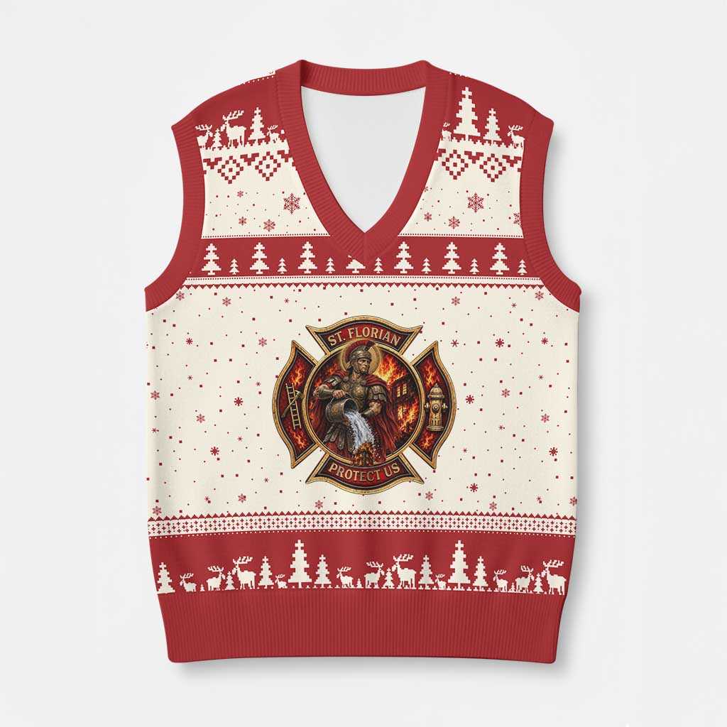 St Florian Protect Us Firefighter V-Neck Knit Sweater Vest Patron Saint Catholic Faith Gift