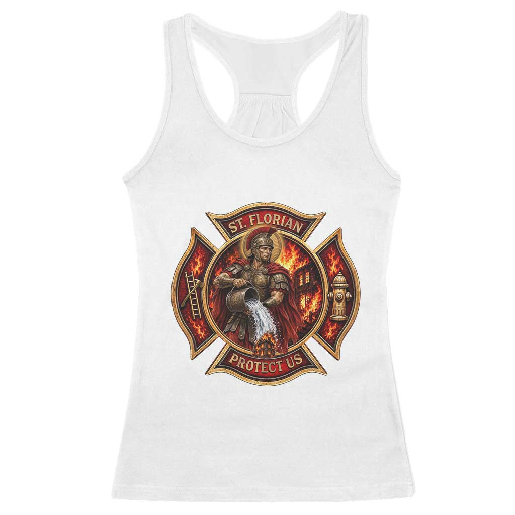 St Florian Protect Us Firefighter Racerback Tank Top Patron Saint Catholic Faith Gift