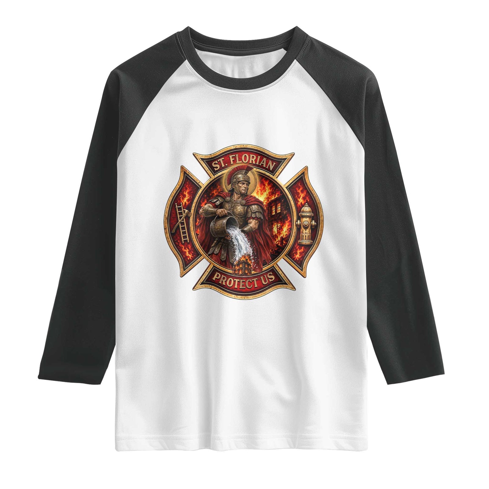 St Florian Protect Us Firefighter Raglan Shirt Patron Saint Catholic Faith Gift