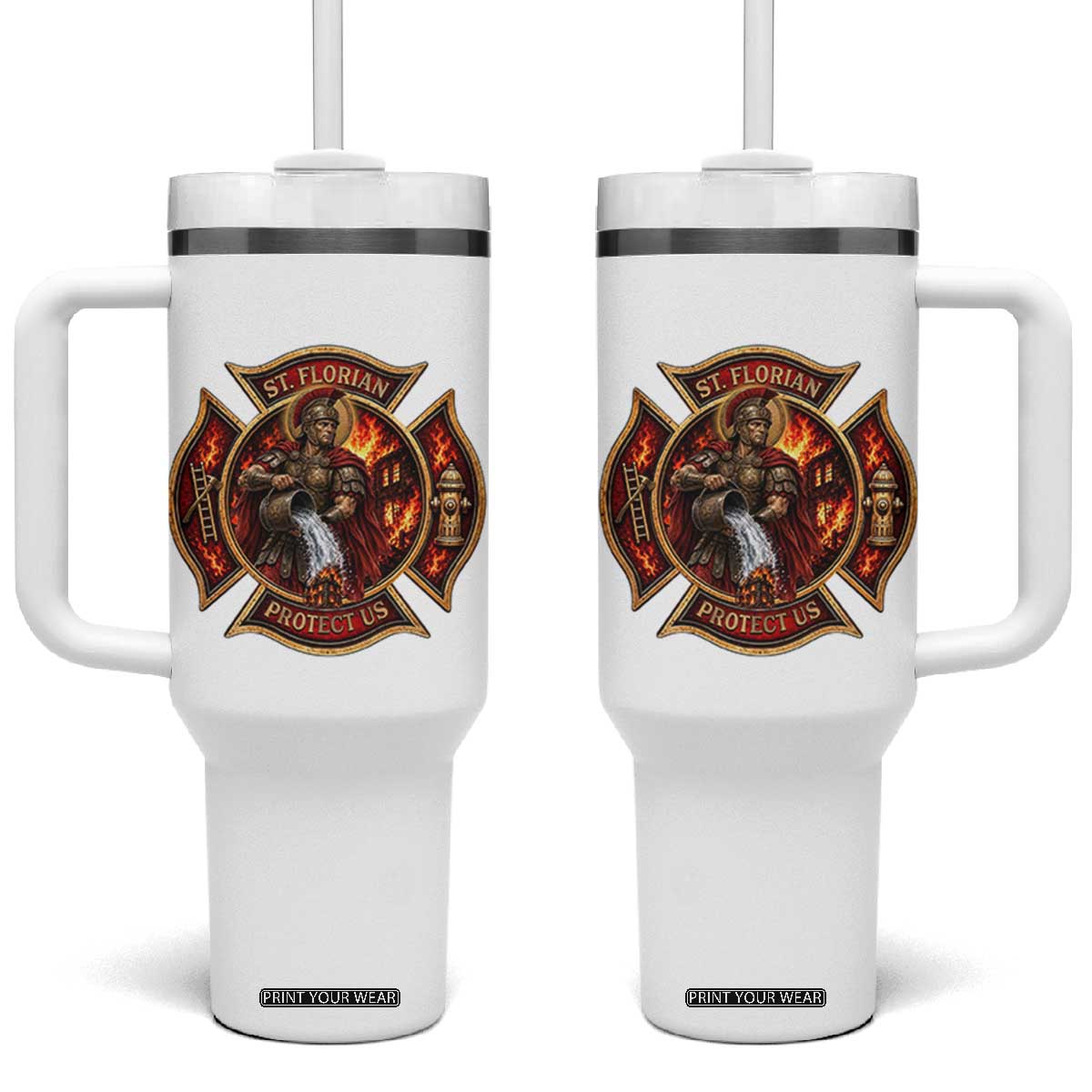 St Florian Protect Us Firefighter Tumbler With Handle Patron Saint Catholic Faith Gift