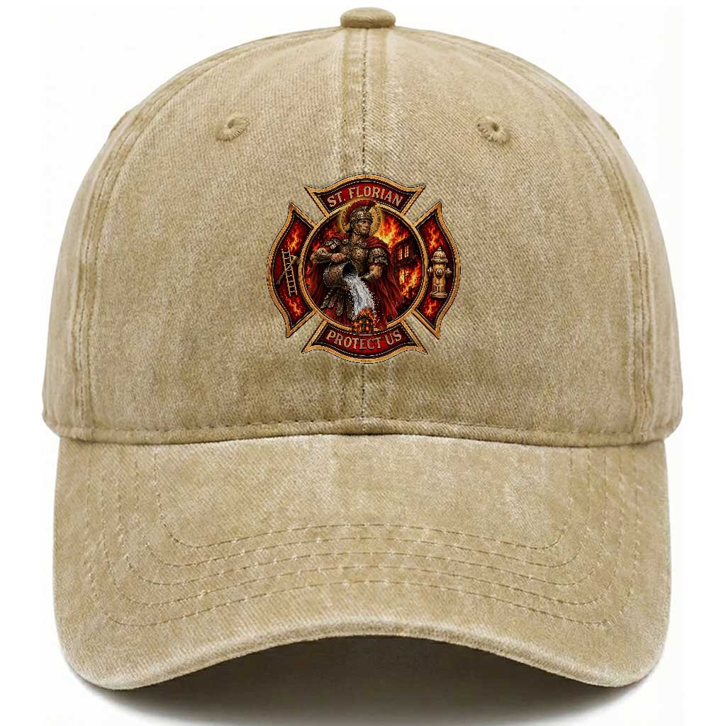 St Florian Protect Us Firefighter Washed Cotton Baseball Cap Patron Saint Catholic Faith Gift