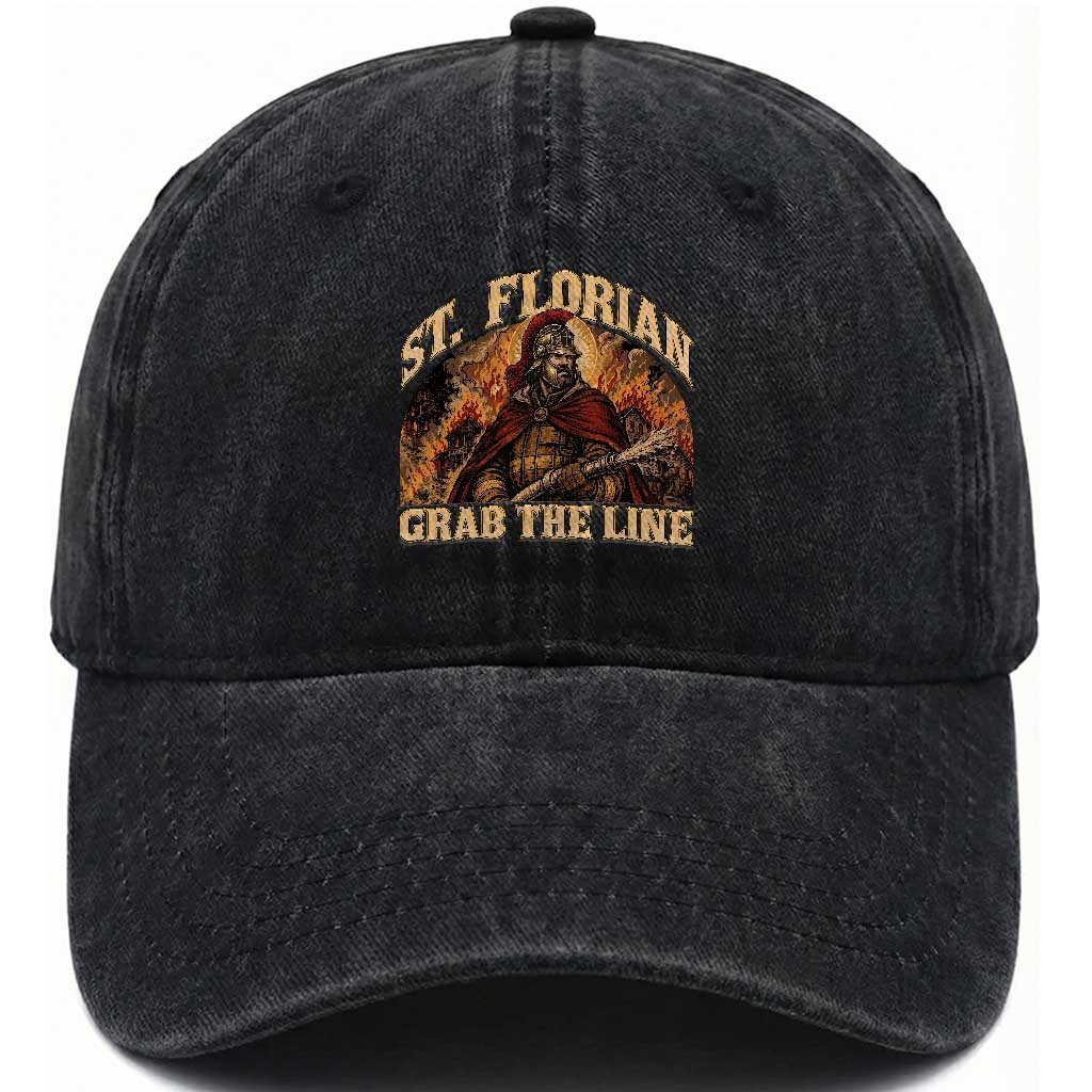 St Florian Firefighter Faith Washed Cotton Baseball Cap Grab The Line Brave Fire Service