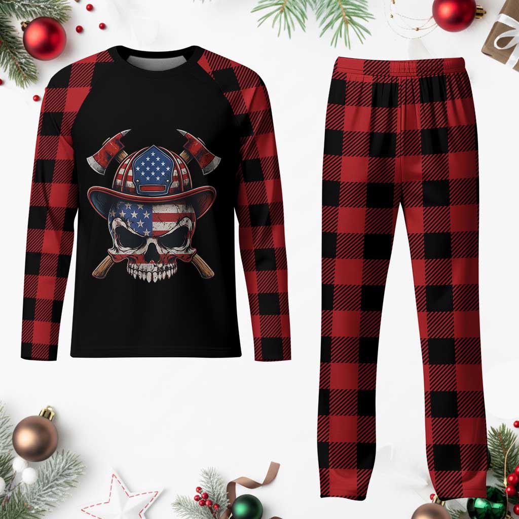 Firefighter Skull American Pride Plaid Pajama Set Vintage Patriotic First Responder American Flag