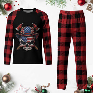 Firefighter Skull American Pride Plaid Pajama Set Vintage Patriotic First Responder American Flag