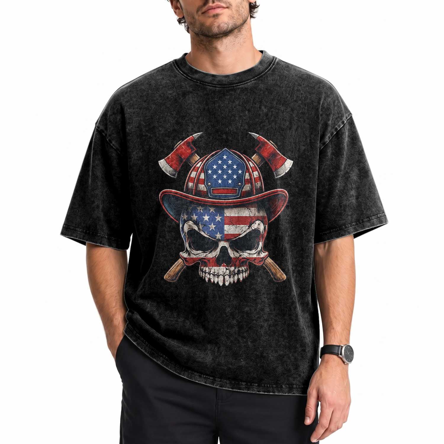 Firefighter Skull American Pride Washed Cotton T-Shirt Vintage Patriotic First Responder American Flag