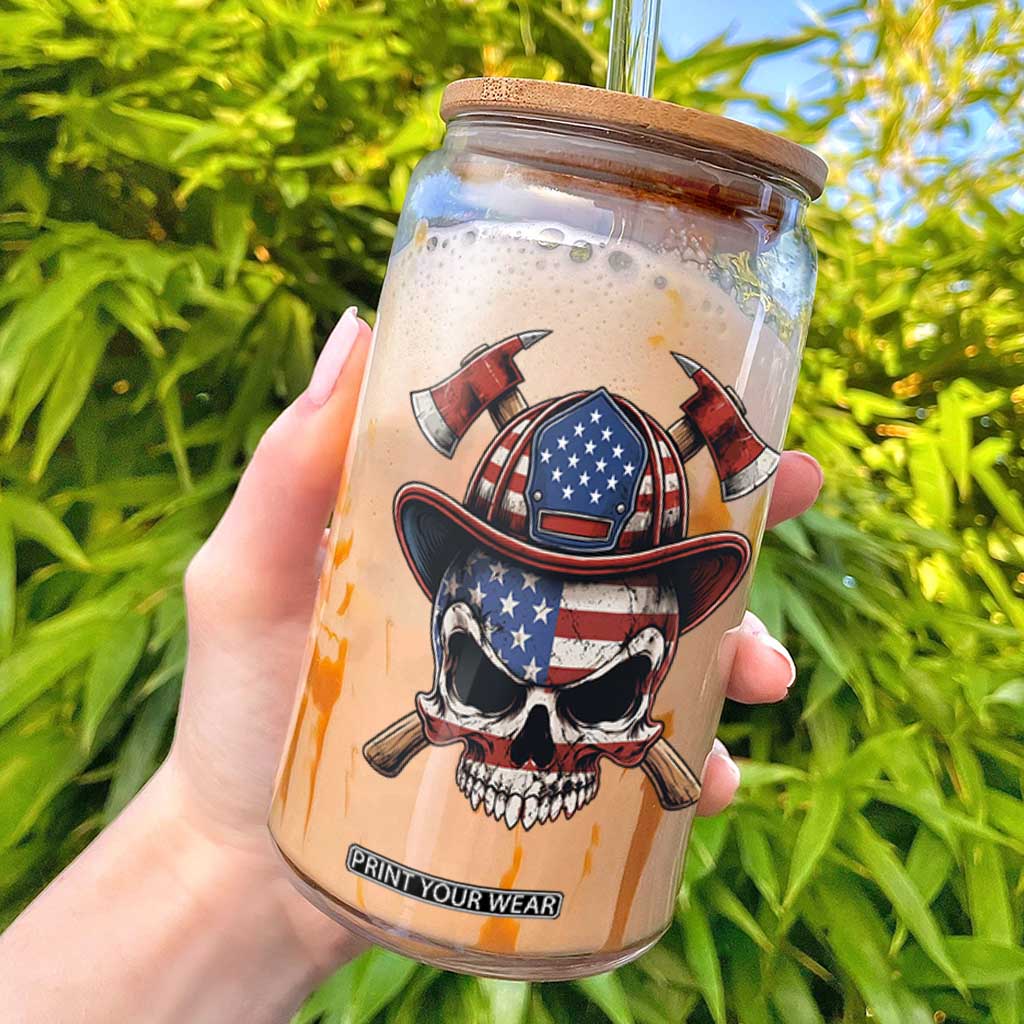Firefighter Skull American Pride Glass Can Vintage Patriotic First Responder American Flag