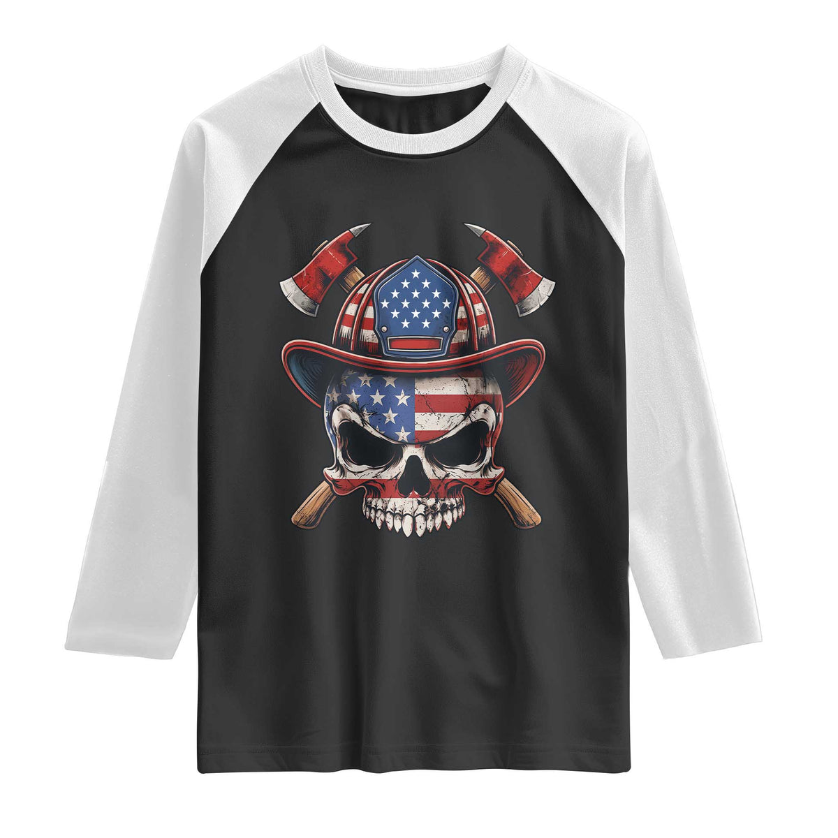 Firefighter Skull American Pride Raglan Shirt Vintage Patriotic First Responder American Flag