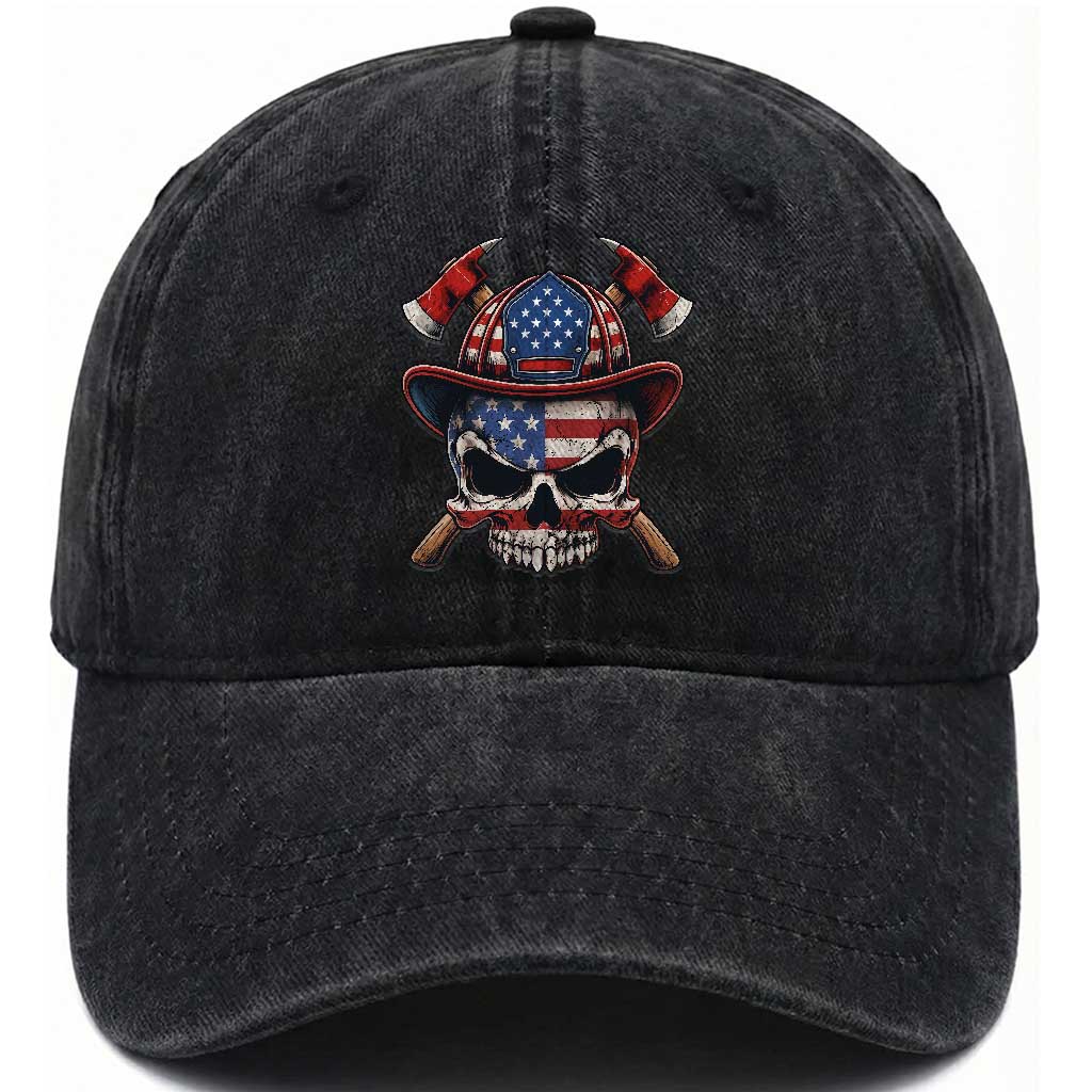 Firefighter Skull American Pride Washed Cotton Baseball Cap Vintage Patriotic First Responder American Flag