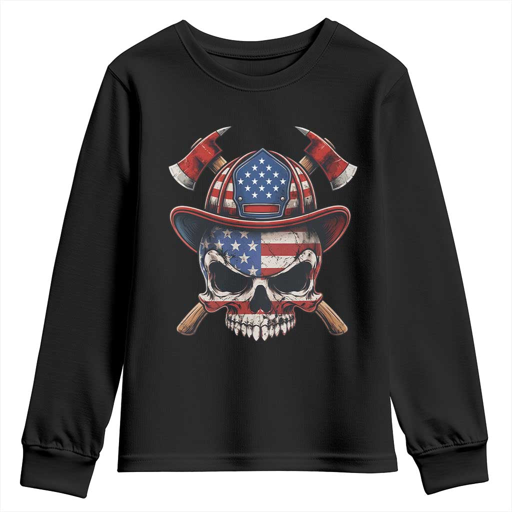 Firefighter Skull American Pride Youth Sweatshirt Vintage Patriotic First Responder American Flag